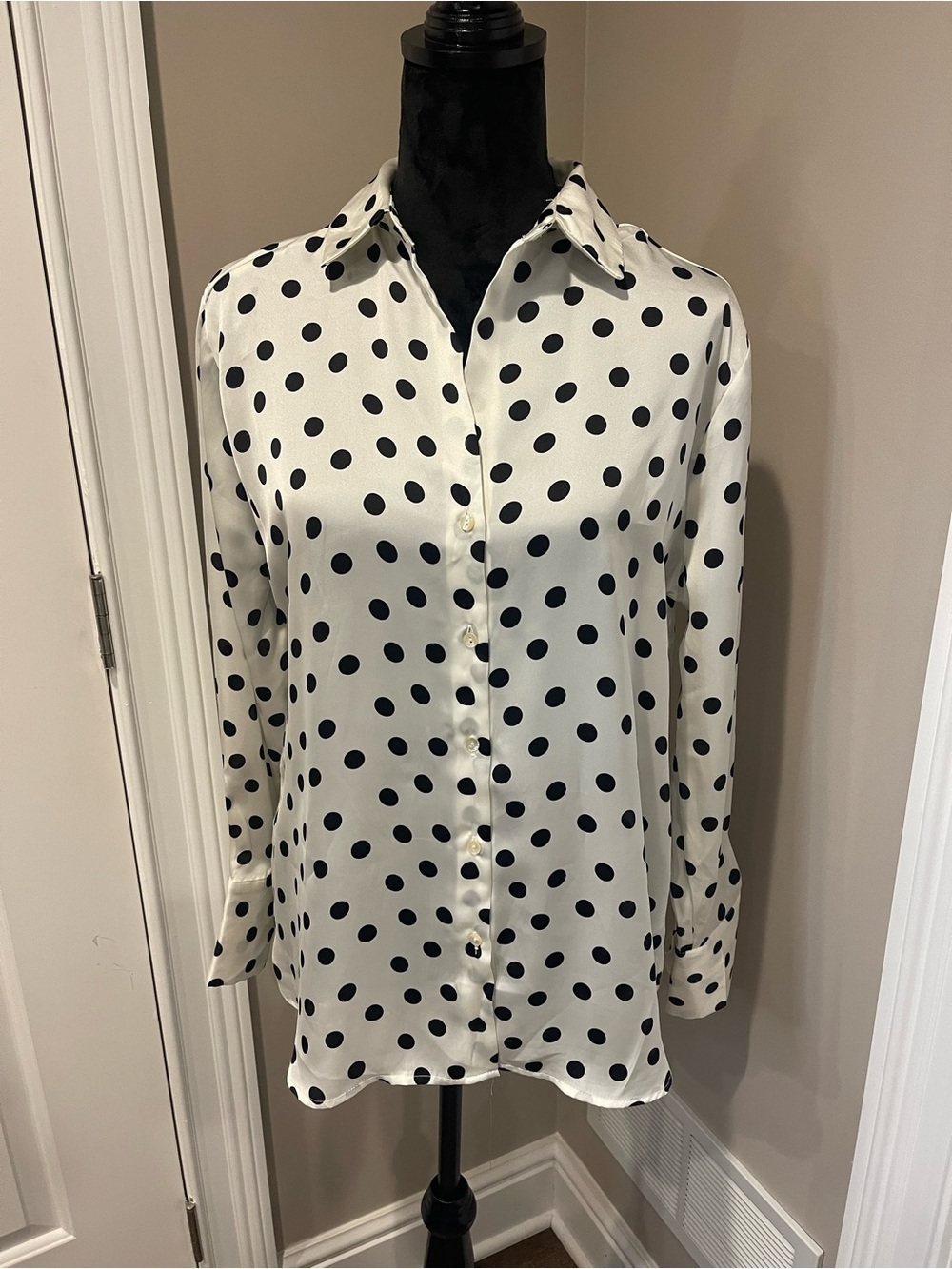 White and Black Polka Dot Button-Down Blouse